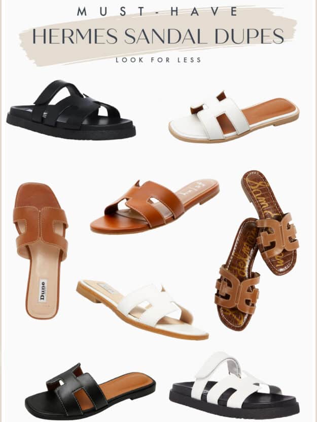 Image of 8 Hermes sandal dupes in black brown, and white colors