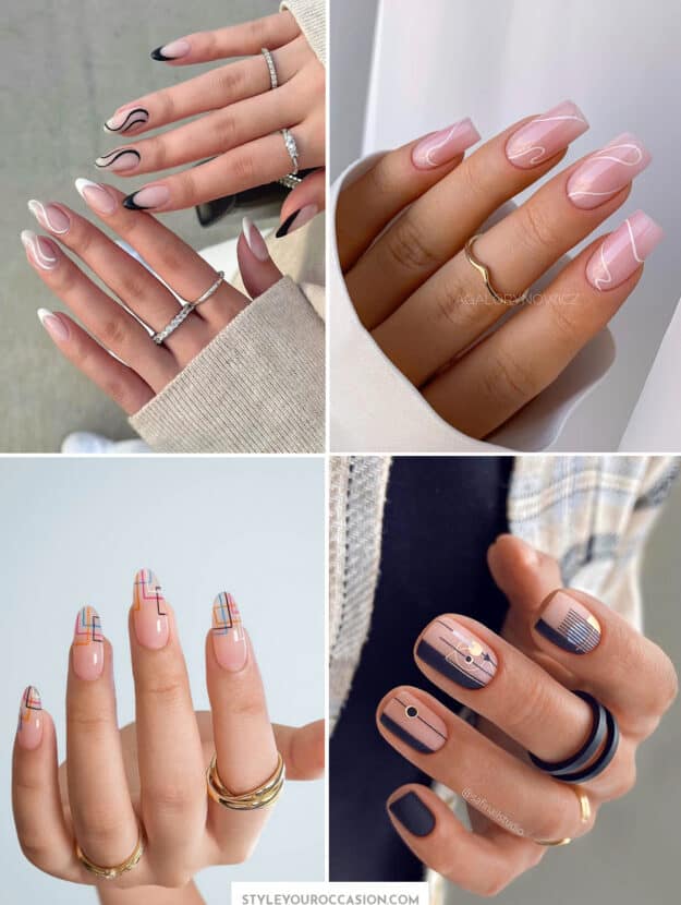 collage of hands with nails with line designs