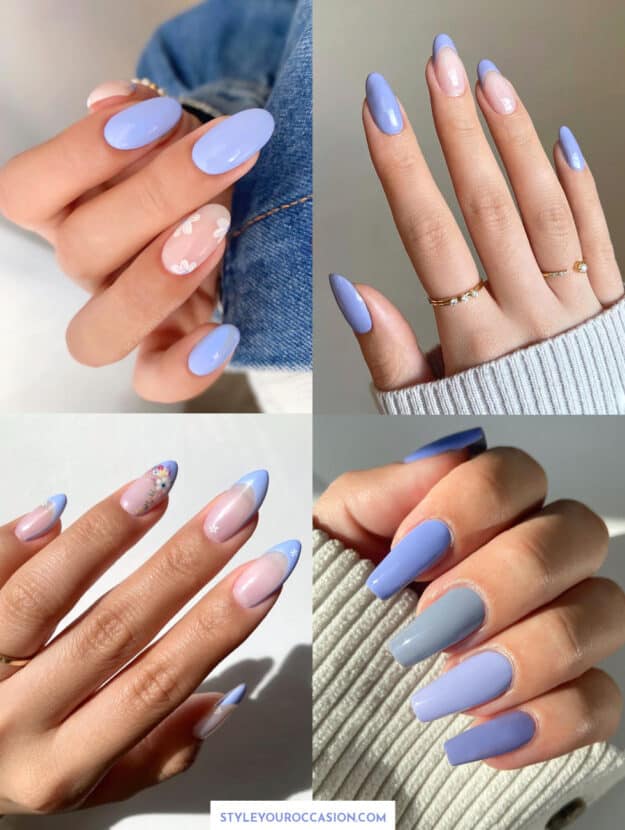 collage of hands with periwinkle nail color and nail art