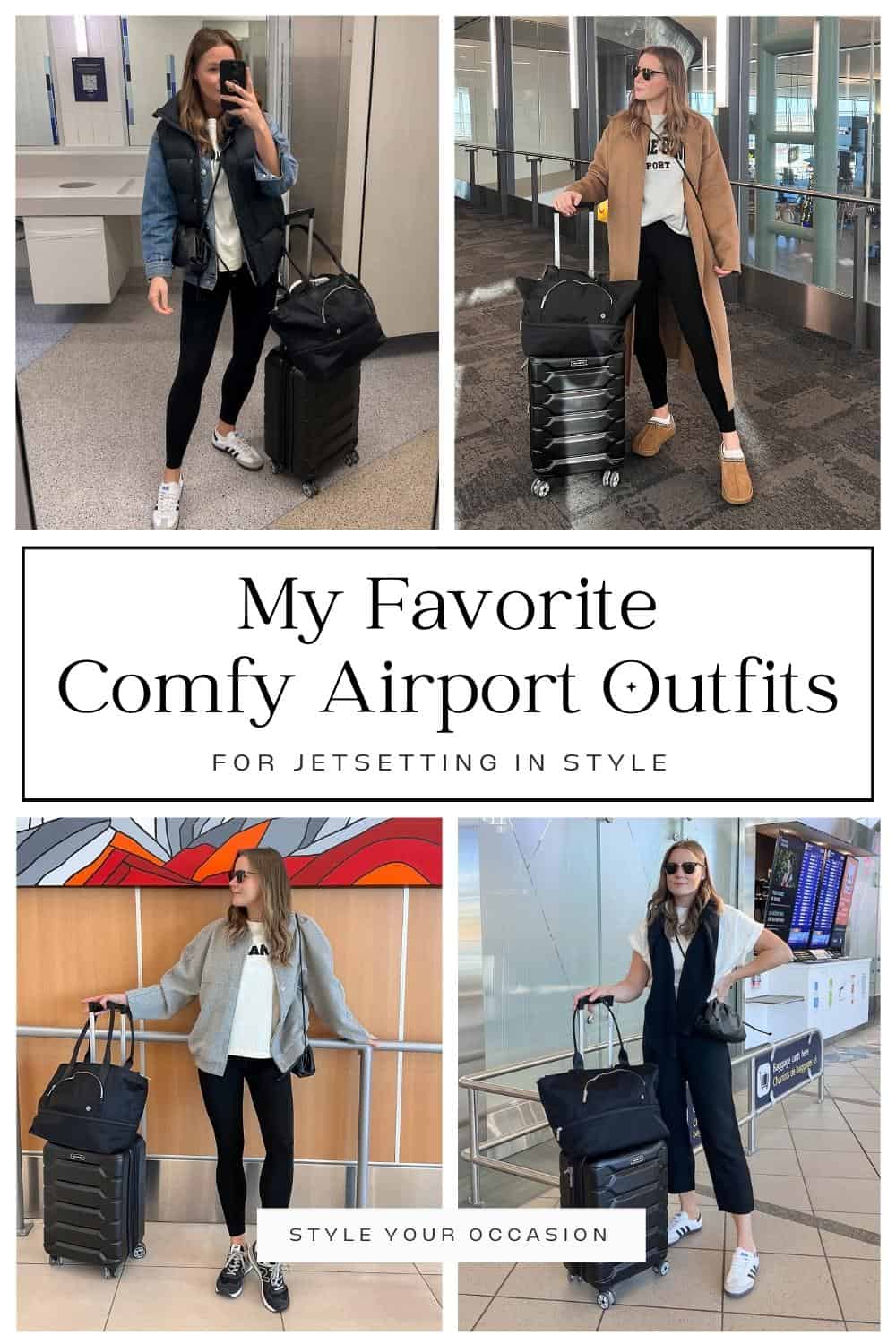 collage of a woman wearing four different comfy airport outfits with black pants