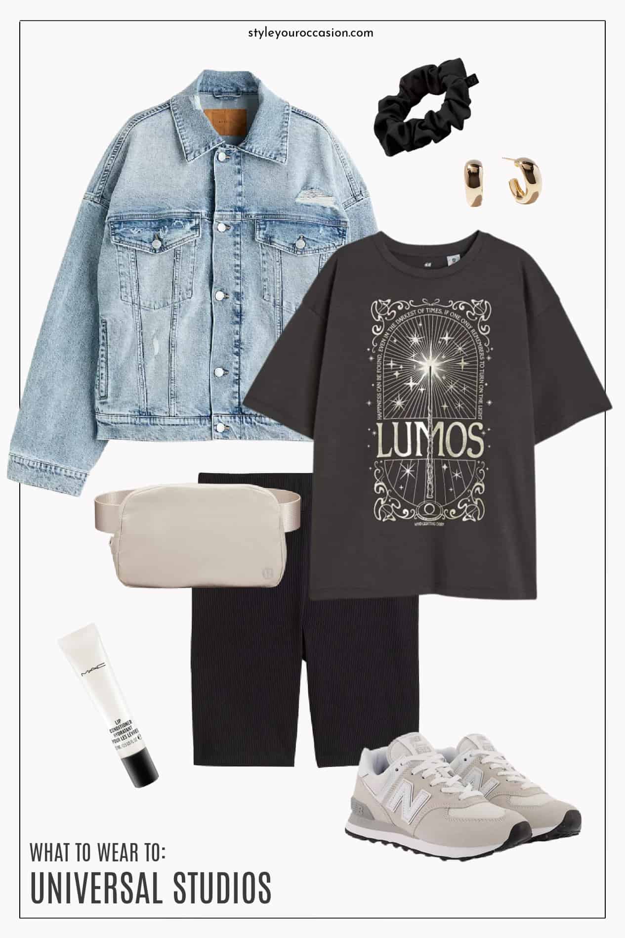 A Universal Studios outfit style board with a black graphic tee, black running shorts, a denim jacket, beige and white trainers, a white belt bag, a black silk scrunchie, and gold hoops