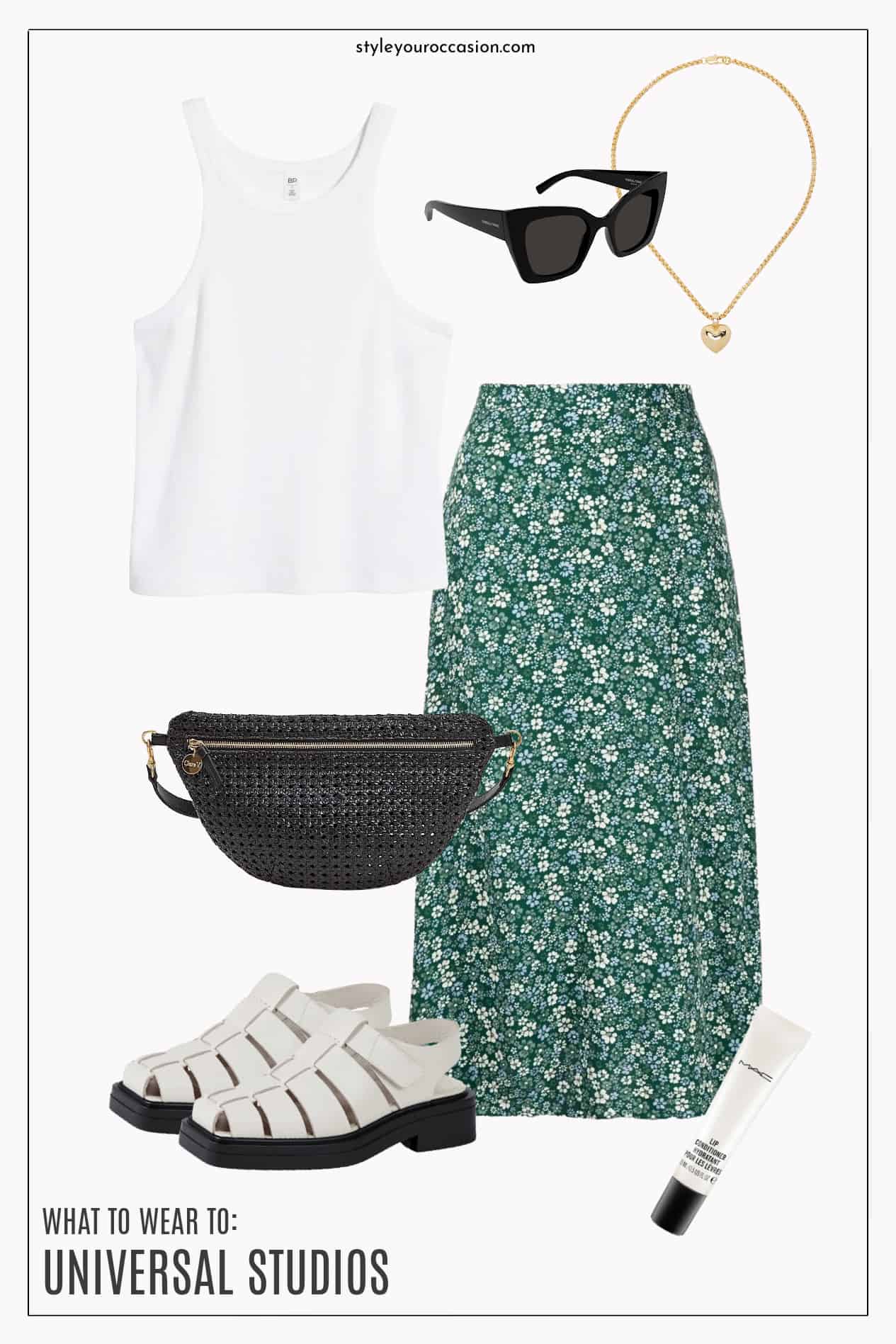 A Universal Studios outfit style board with a white and green floral patterned midi skirt, a white tank top, a black belt bag, strappy white sandals, black sunglasses, and a gold necklace