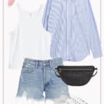 A Universal Studios outfit style board with blue denim shorts, a white tank top, a light blue button-up, gold hoops, a black belt bag, and white sneakers