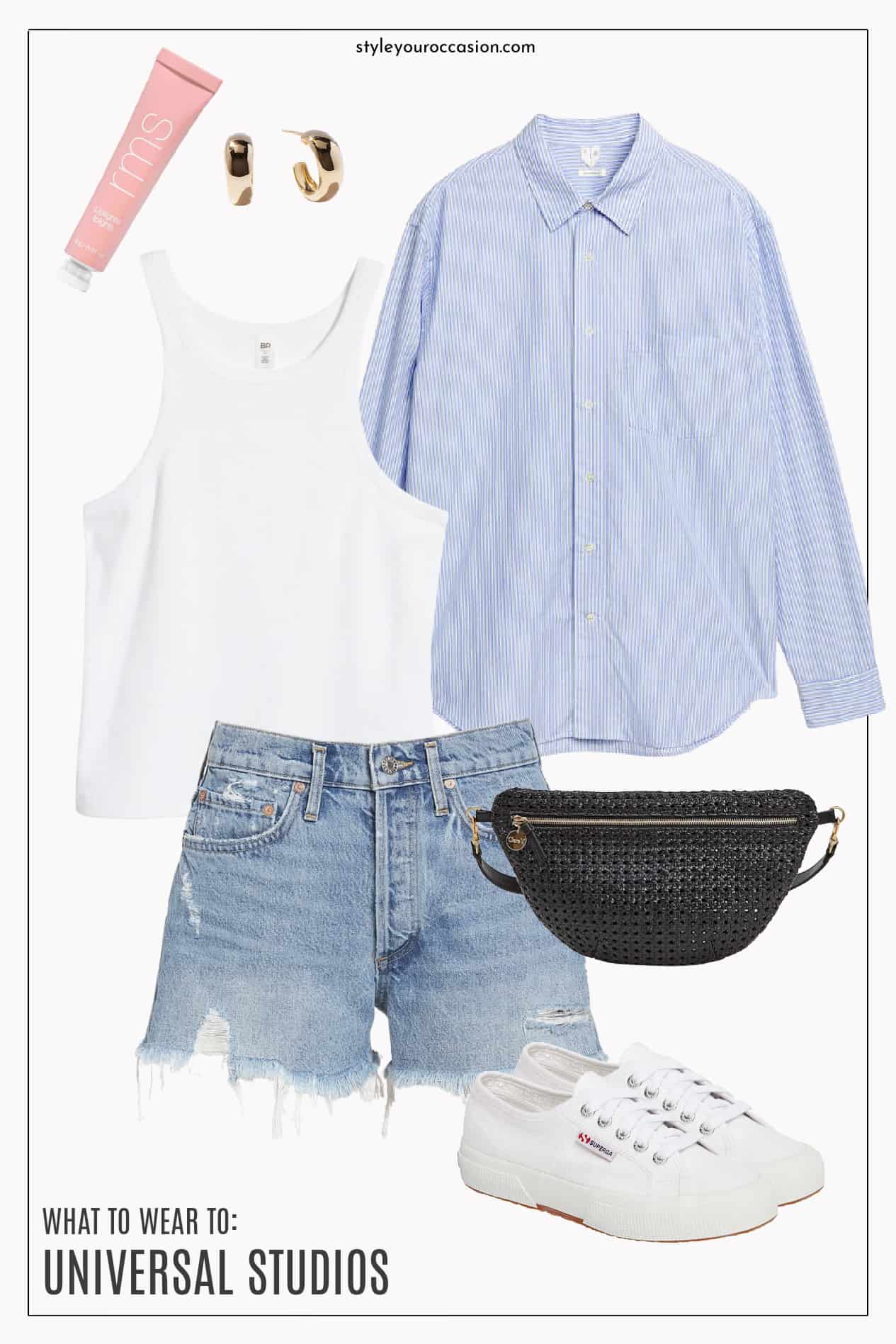 A Universal Studios outfit style board with blue denim shorts, a white tank top, a light blue button-up, gold hoops, a black belt bag, and white sneakers