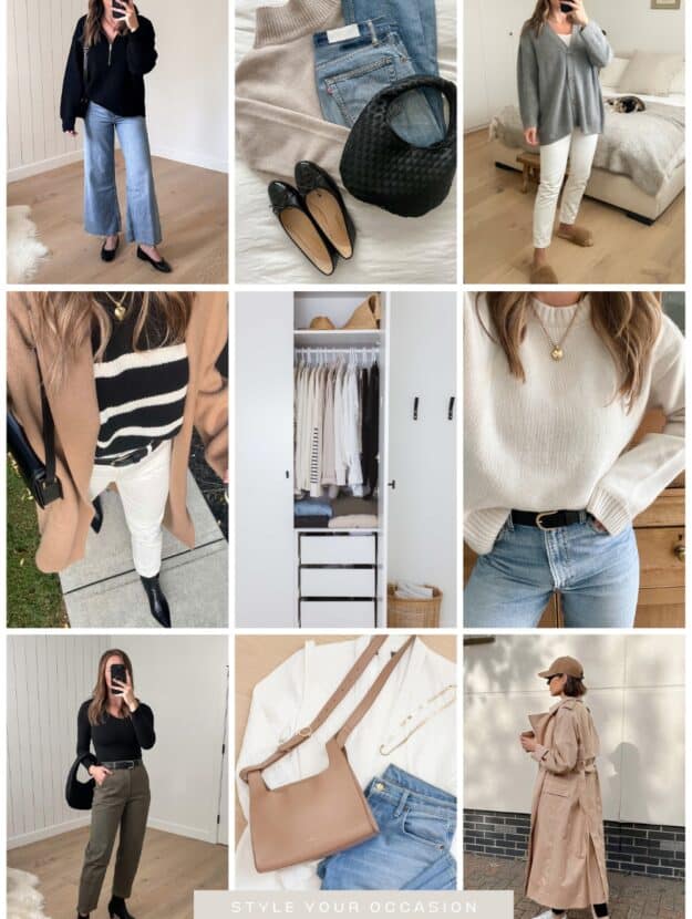 collage of women wearing neutral outfits from the best capsule wardrobe brands for 2024