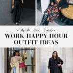 collage of women wearing stylish outfits for work happy hour