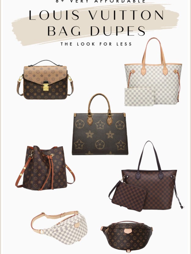 collage of cute LV dupes including the Neverfull tote, Pochette, and Bumbag