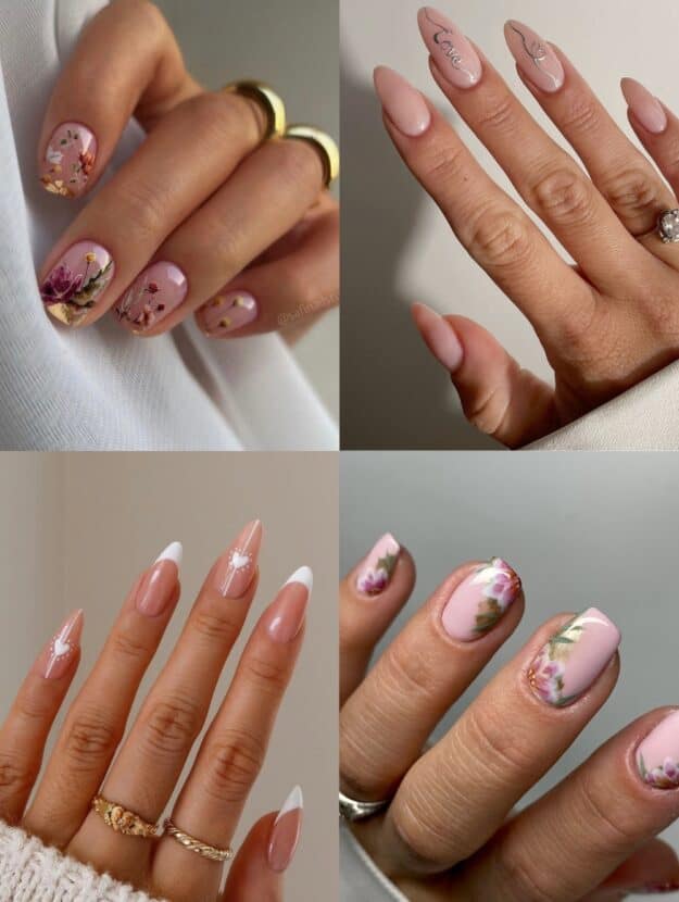 collage of four hands with mother's day nail designs