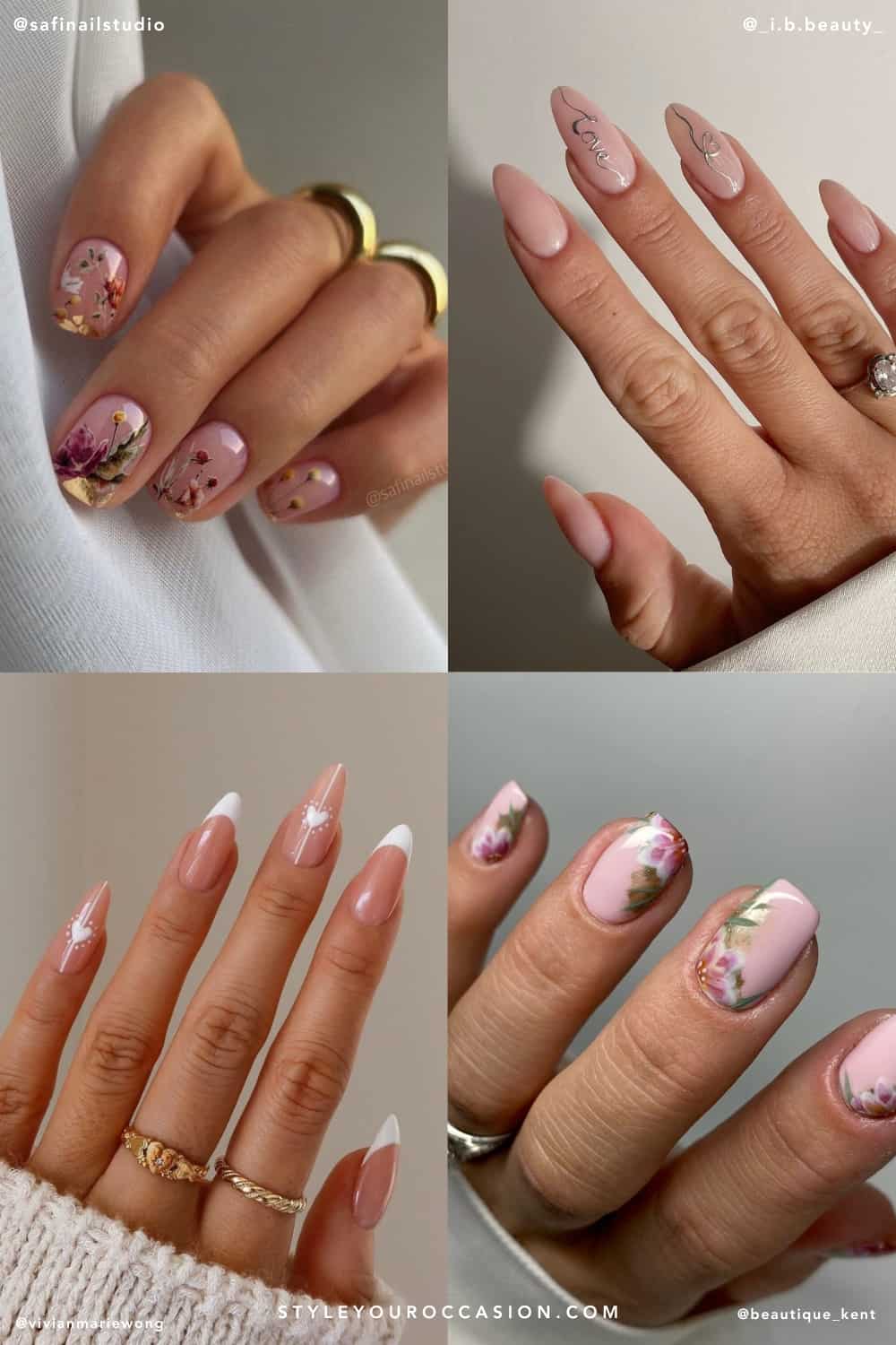 collage of four hands with mother's day nail designs
