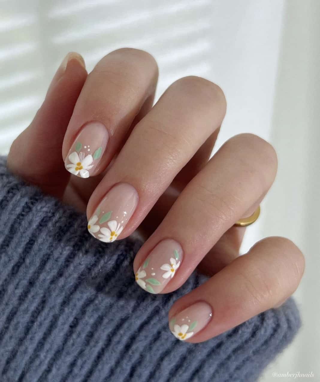 A hand with short nude nails painted with white flowers and green leaves along the tips