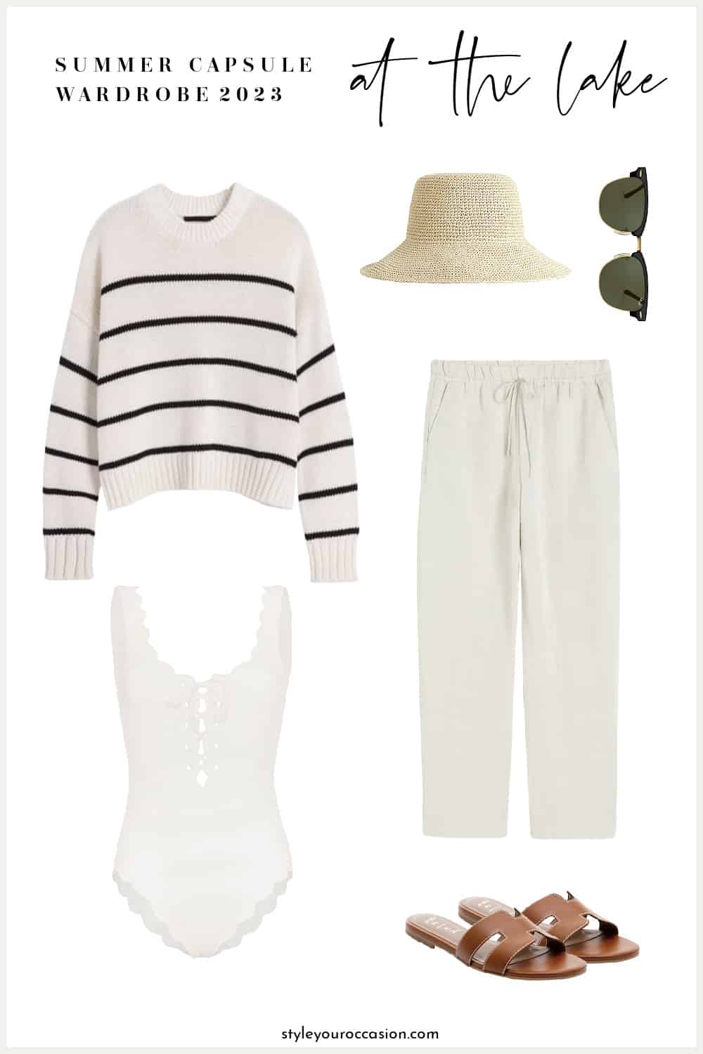 outfit mood board for a summer capsule wardrobe with a striped knit sweater, beige linen pants, a raffia bucket hat, white swimsuit, sunglasses, and brown sandals