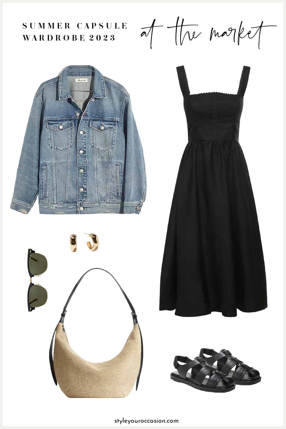 outfit mood board for a summer capsule wardrobe with a black linen midi dress, denim jacket, straw tote bag, black fisherman sandals, earrings, and sunglasses 