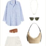 outfit mood board for a summer capsule wardrobe with a striped blue button down shirt, ivory pleated shorts, brown belt, brown sandals, straw tote bag, sunglasses, and necklace