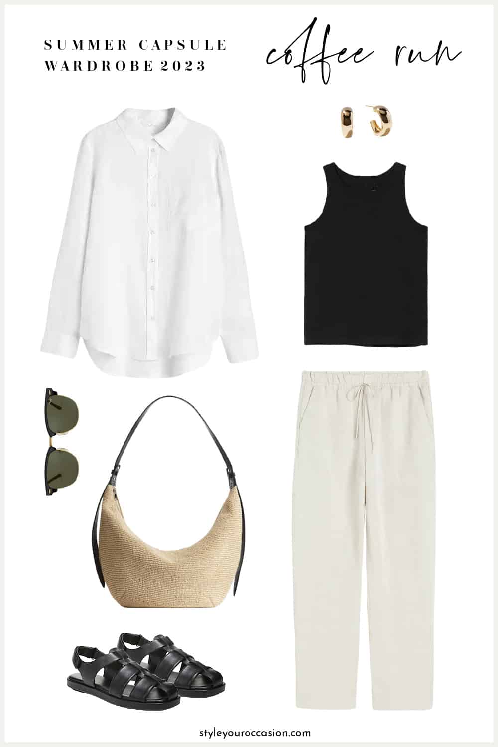 outfit mood board for a summer capsule wardrobe with a white button-down shirt, black tank, linen trousers, straw tote, sunglasses, earrings, and black fisherman sandals