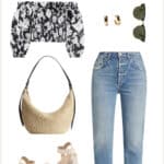 outfit mood board for a summer capsule wardrobe with a floral blouse, blue jeans, heeled sandals, sunglasses, and a straw tote bag