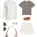 outfit mood board for a summer capsule wardrobe with a striped t-shirt, ivory blazer, ivory pleated shorts, straw tote, brown belt, brown sandals, earrings, and sunglasses