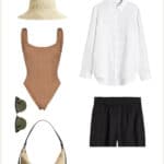 outfit mood board for a summer capsule wardrobe with a brown one-piece swimsuit, raffia bucket hat, white button down shirt, black linen shorts, straw tote, sunglasses, and brown sandals