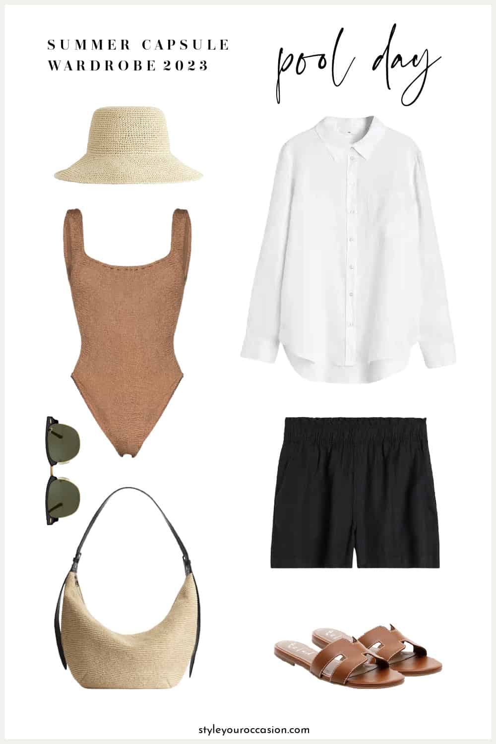 outfit mood board for a summer capsule wardrobe with a brown one-piece swimsuit, raffia bucket hat, white button down shirt, black linen shorts, straw tote, sunglasses, and brown sandals