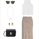 outfit mood board for a summer capsule wardrobe with a white tank, leopard midi skirt, brown sandals, black crossbody bag, necklace, earrings, and sunglasses