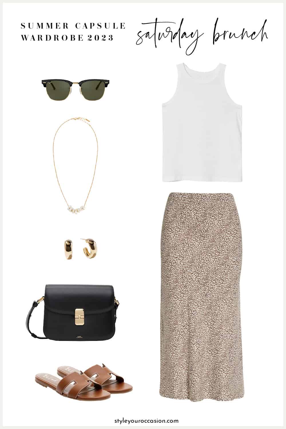 outfit mood board for a summer capsule wardrobe with a white tank, leopard midi skirt, brown sandals, black crossbody bag, necklace, earrings, and sunglasses