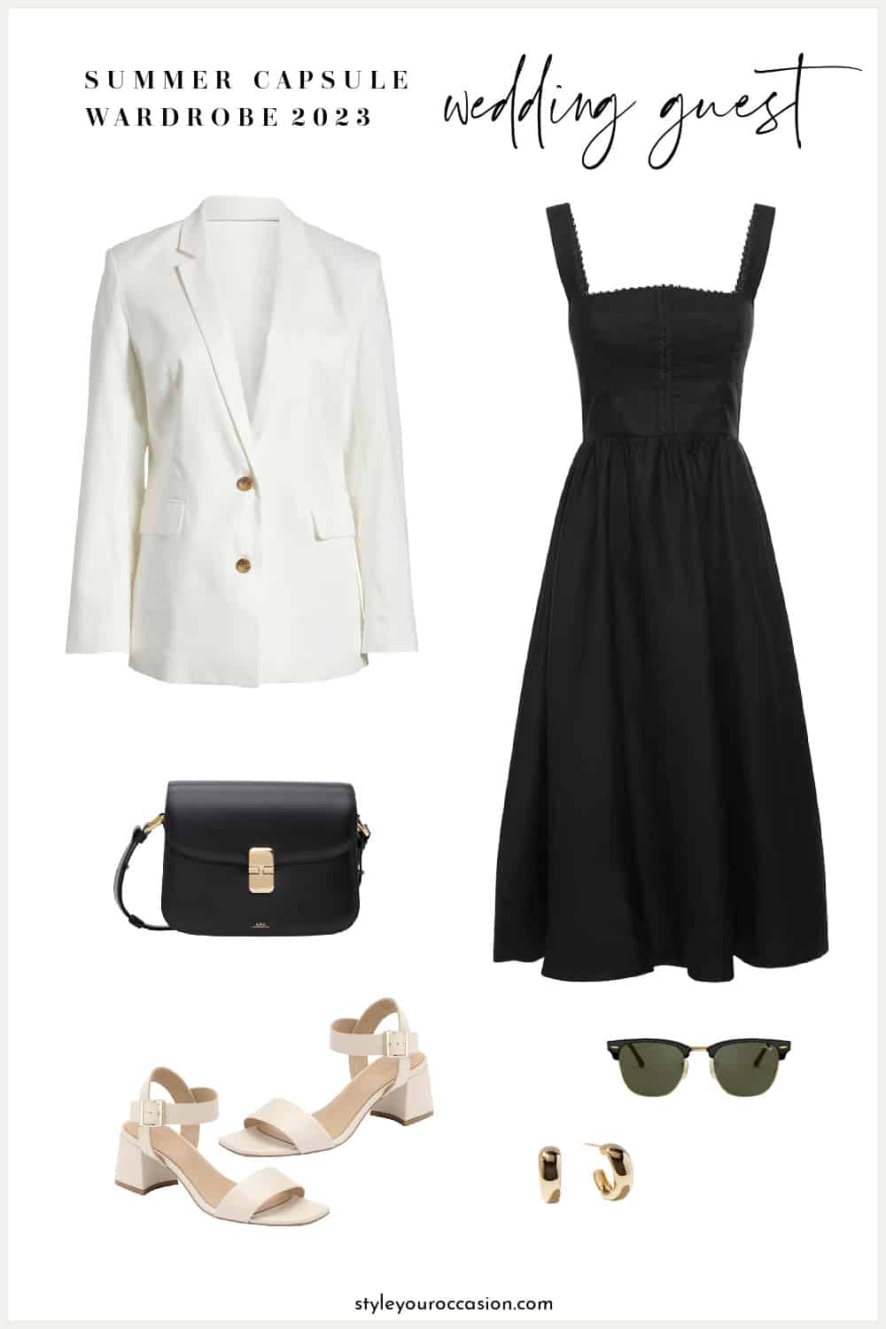 outfit mood board for a summer capsule wardrobe with a black linen midi dress, ivory linen blazer, nude heeled sandals, black crossbody bag, earrings, and sunglasses
