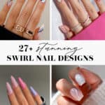 collage of hands with pretty swirl nail designs