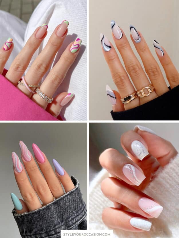 collage of hands with pretty swirl nail designs in white, pink, black, and multicolor