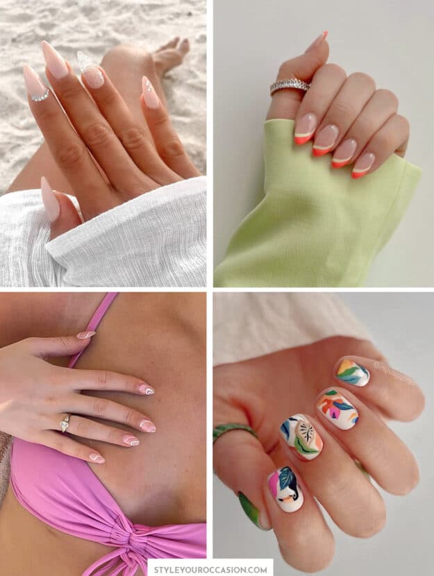 collage of hands with chic and stylish vacation nail designs and nail colors