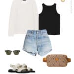 image of a Disney World outfit with a black tank top, denim shorts, white sandals, a cotton sweater, a Disney Gucci belt bag and Minnie Mouse earrings