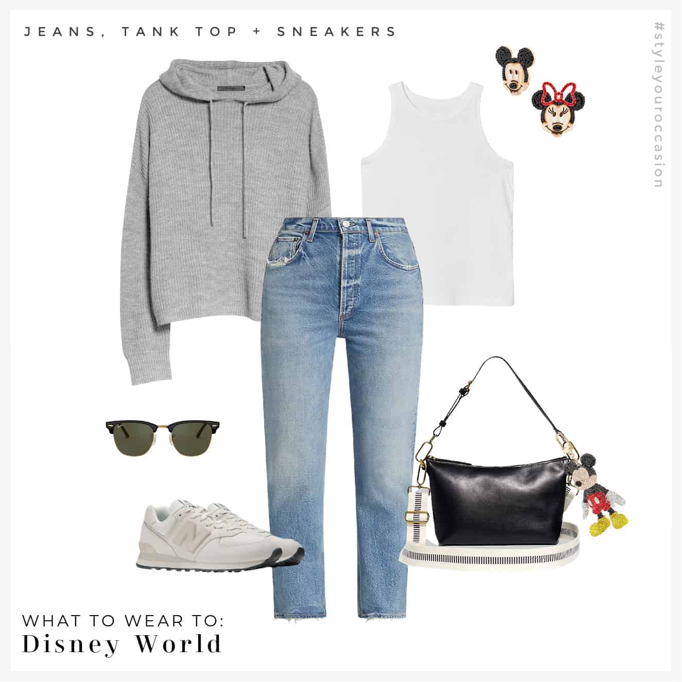 image of an outfit for Disney World with blue jeans, a white tank, sneakers, and a knit hoodie with Minnie mouse earrings 