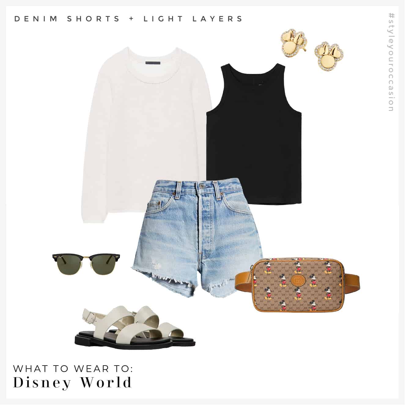 image of a Disney World outfit with a black tank top, denim shorts, white sandals, a cotton sweater, a Disney Gucci belt bag and Minnie Mouse earrings