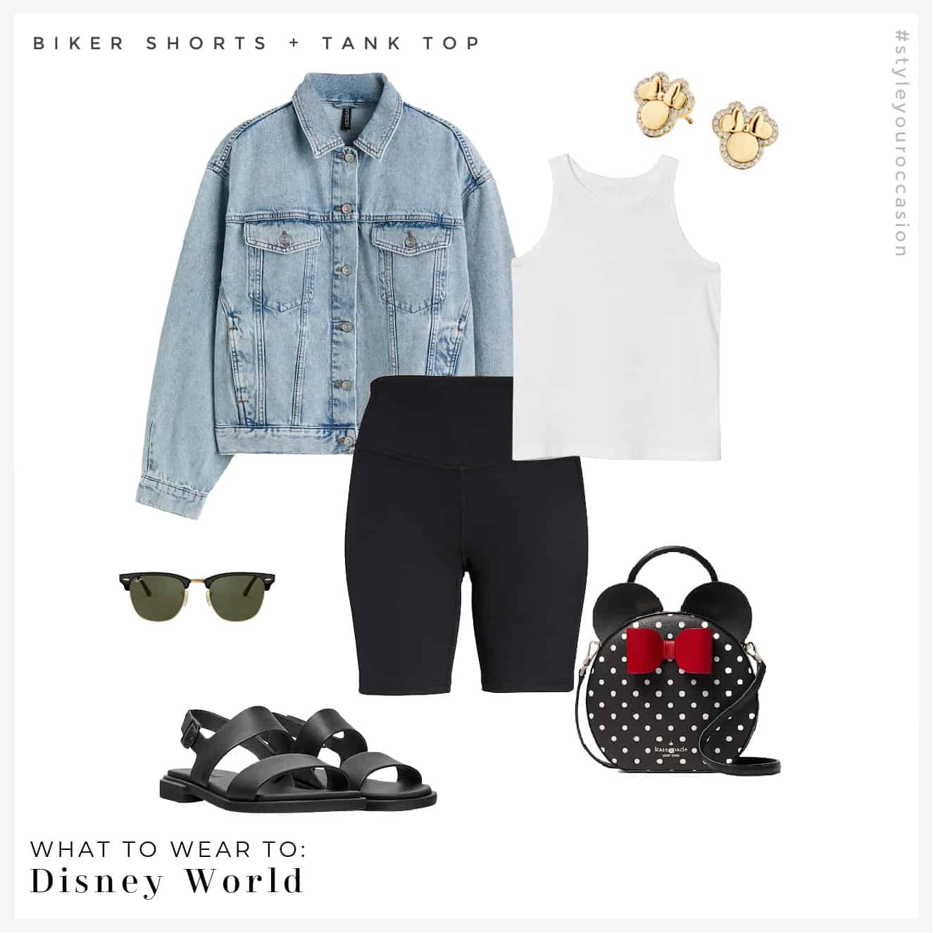 image of an outfit for Disney World with black biker shorts, a white tank top, a denim jacket, a Kate Spade Minnie purse, Minnie Mouse earrings, and black sandals