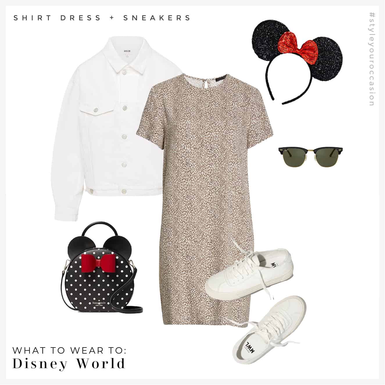 image of an outfit for Disney World with a t-shirt dress, white denim jacket, canvas sneakers, a black Kate Spade Minnie purse, Minnie Mouse ears and sunglasses