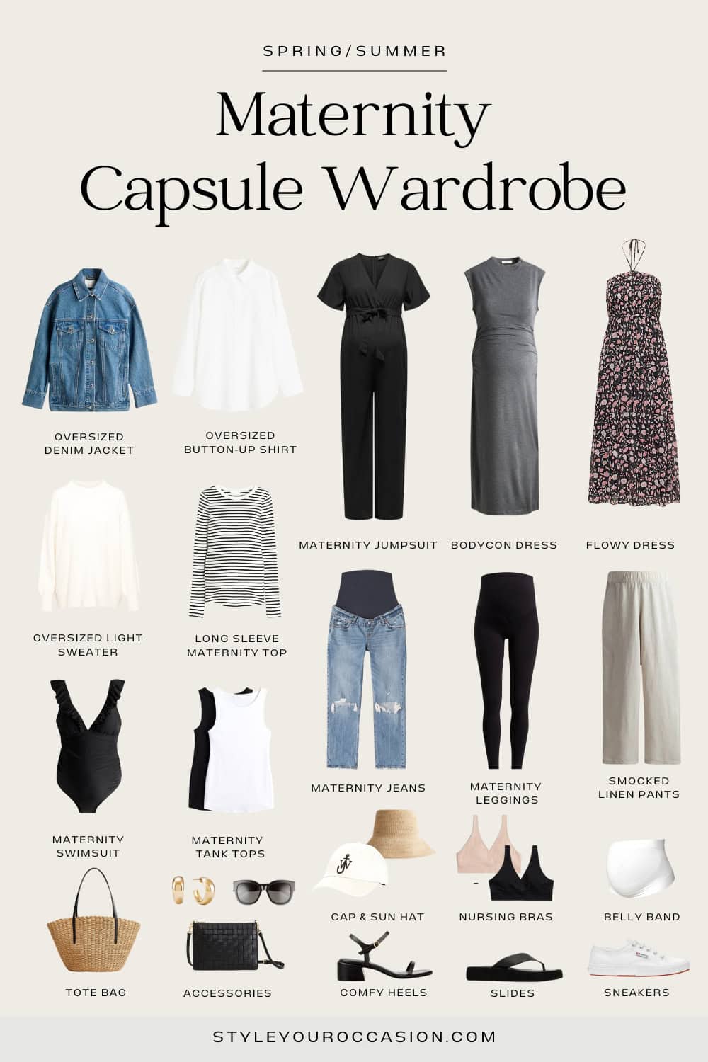 image of a spring/summer maternity capsule wardrobe that is primarily neutral