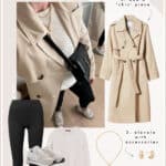 An image board of a woman wearing a beige trench coat with black leggings, neutral trainers, and a black handbag using these fashion pieces to describe the three simple steps to create a casual chic style