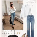 An image board of a woman wearing a white button-up with blue jeans, black ballerina flats, and a black handbag using these fashion pieces to describe the three simple steps to create a casual chic style