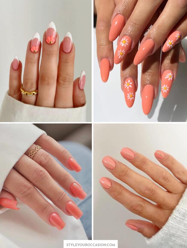 Pinterest collage of four hands with different coral peach nail designs