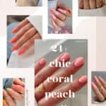 Pinterest collage of hands with different coral peach nail designs