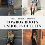 collage of four women wearing stylish outfits with cowboy boots and shorts