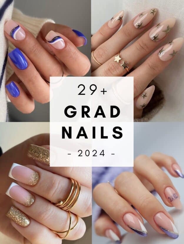 collage of four hands with graduation nail designs including royal blue, silver, and gold