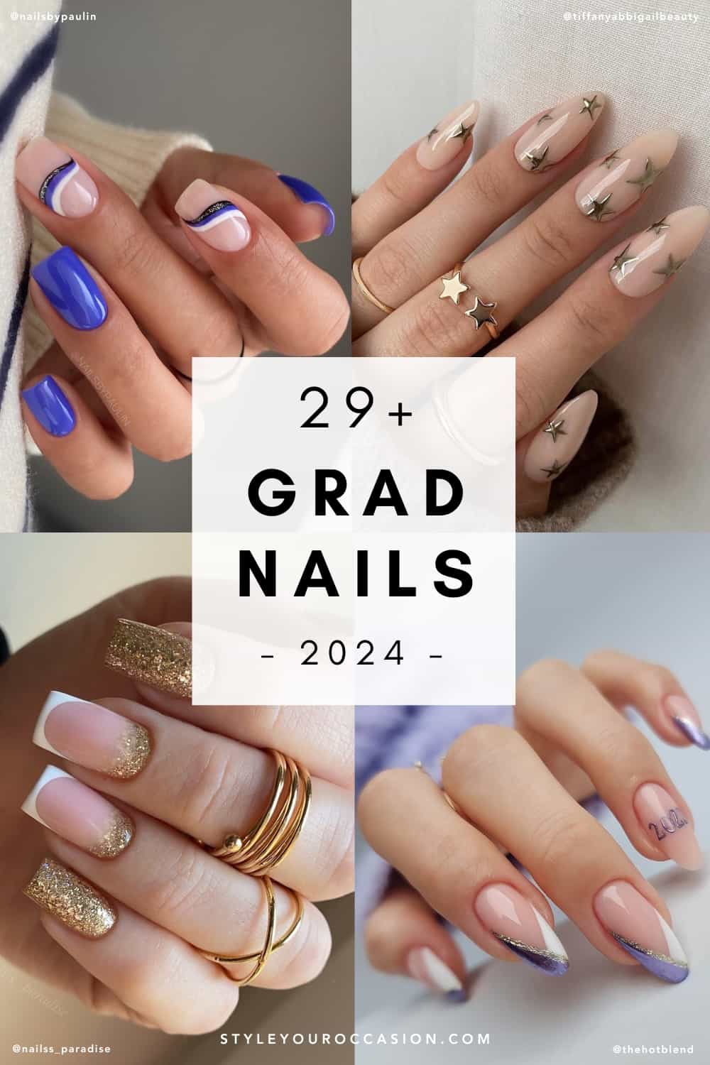 collage of four hands with graduation nail designs including royal blue, silver, and gold