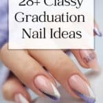 Pinterest image with a hand with purple, white, and silver nails for graduation with text overlay "28" classy graduation nail ideas"