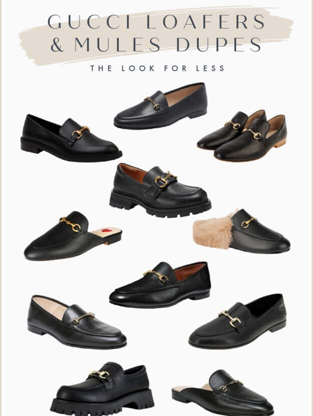 collage of black horsebit loafers, mules, and chunky lug-sole loafers that are dupes and look-alikes of the Gucci loafers and mules
