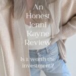 Pinterest image with text overlay that says "is Jenni Kayne worth the investment" and woman wearing a beige cardigan and jeans