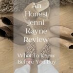 Pinterest image with text overlay that says "is Jenni Kayne worth the investment" and four pairs of Jenni Kayne shoes including boots, shearling slides, and leopard mules