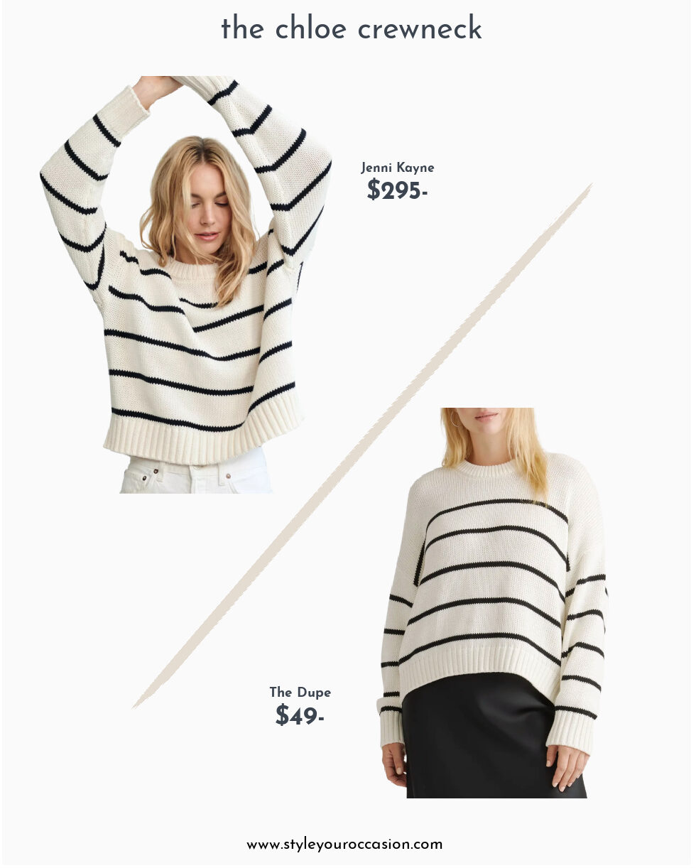 image comparing the Jenni kayne ivory striped crewneck sweater with a look alike sweater for less