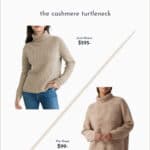 image comparing the Jenni Kayne cashmere turtleneck sweater to a look-alike dupe sweater from Quince