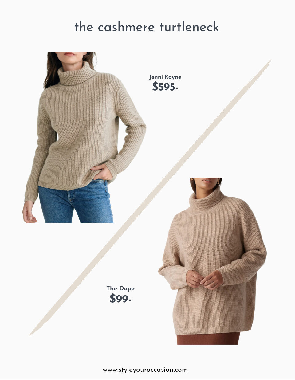 image comparing the Jenni Kayne cashmere turtleneck sweater to a look-alike dupe sweater from Quince