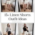 pinterest collage of a woman wearing four different outfits with linen shorts