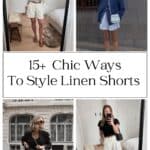 pinterest collage of women wearing four different outfits with linen shorts